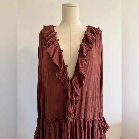 Free People Sweet Darling Long Sleeve Ruffle Dress in Brown -Boho -Size: S NWT! - Picture 8 of 11